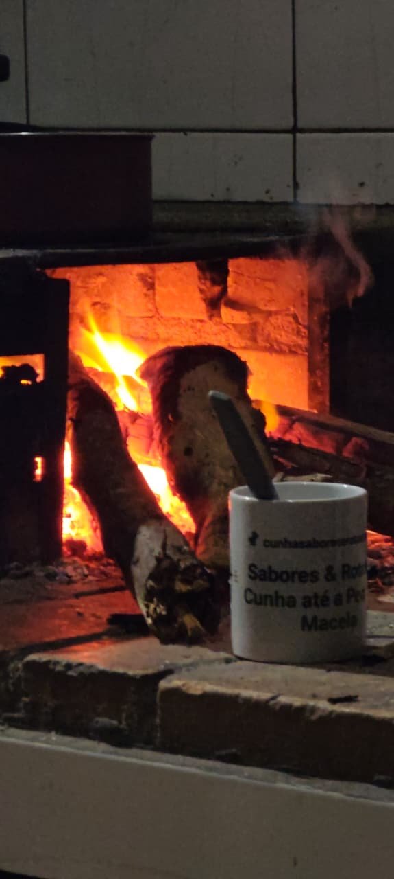 Fogão a lenha aceso, trazendo o aconchego da cozinha da serra