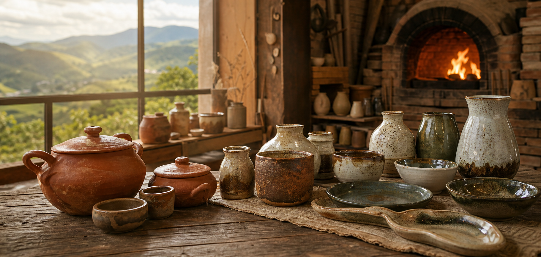 Arte inspirada na cerâmica de Cunha com peças de barro e forno artesanal
